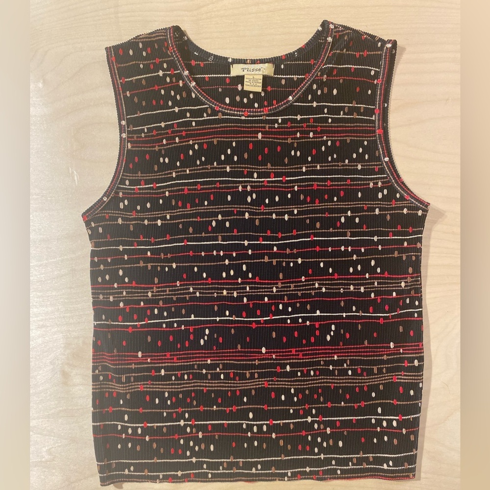 Plisse’ Black Sleeveless Ribbed Tank with Red & Cream Dot Pattern Large (QM) - Picture 3 of 6